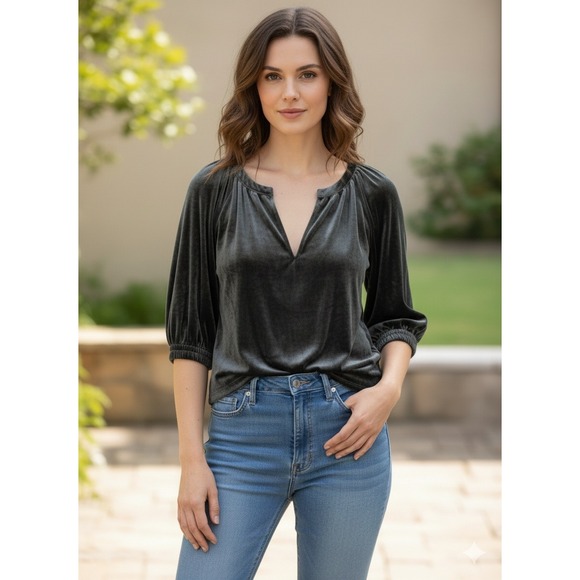 GAP Velvet Top Blouse Black Balloon Sleeve Split Neck Pullover Witchy Womens 2XL - Picture 1 of 9